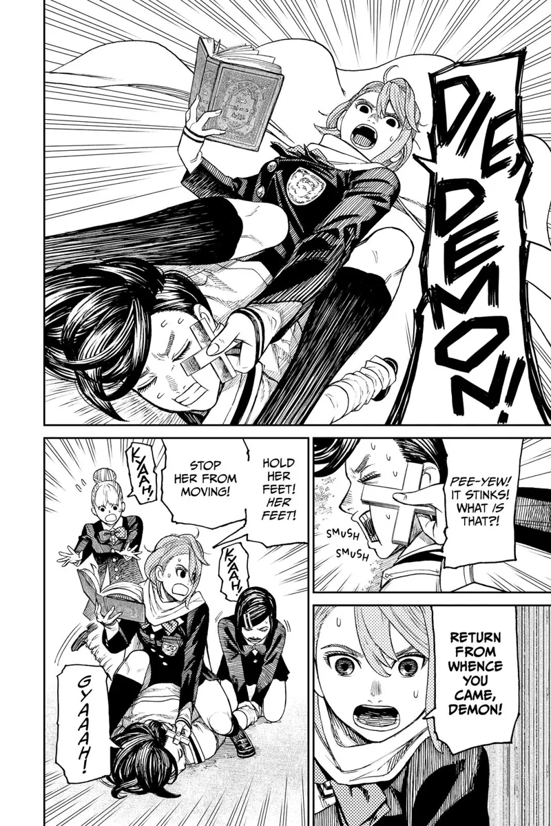 Aira sits on top of her, holding a book and a cross pinned to Momo's face as if to exorcise her. The two ladies help her.