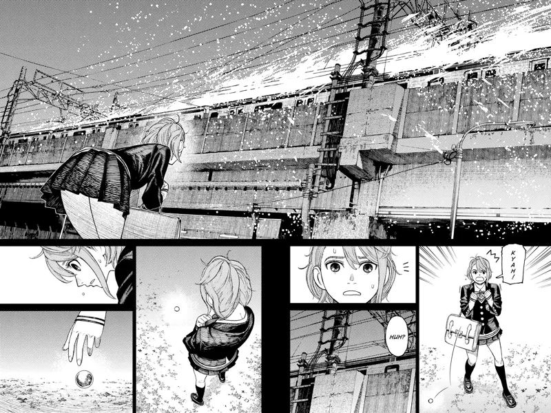 Aira sees sparks and lights above the train, but it suddenly disappears. She bends down and picks up the golden marble.