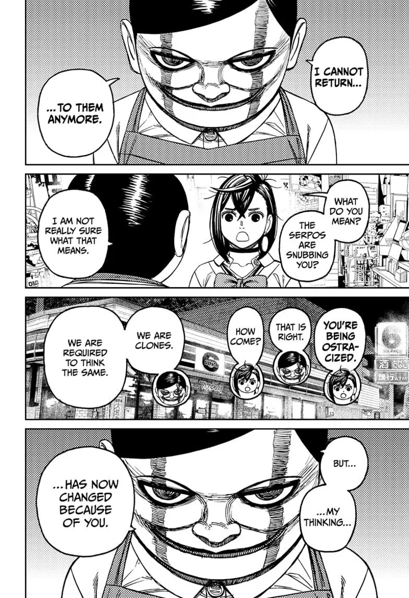 Serpo further explains that he is being ostracized after his thinking changes because of Momo.