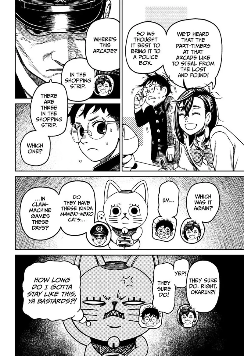 Momo smiles while Okarun is sweating. Turbo Granny sits motionless as the police interrogate the two.