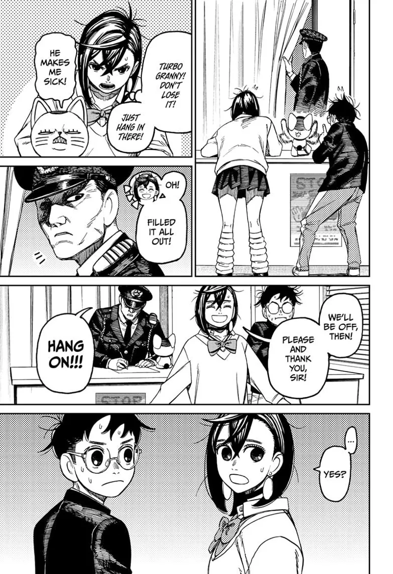 The officer peeks behind the curtain. Momo hands over the signed document and walks away. The officer calls her back.