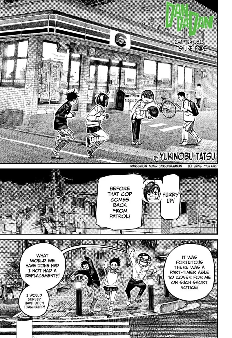 Momo, Okarun, and Rokuro, the Serpoian, run through the city in the middle of the night.