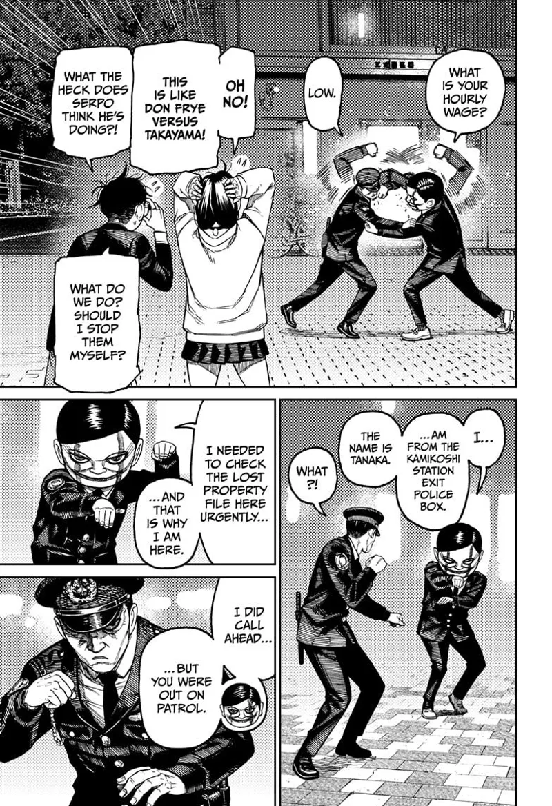 Momo and Okarun watch the cop, and Rokuro punches each other. They stand face-to-face in a fighting stance.