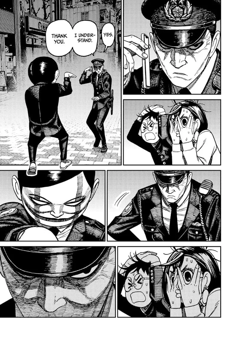 The cop puts down his phone. Momo and Okarun watches in anticipaion. Rokuro, who introduced himself as Mr. Tanaka, stares.