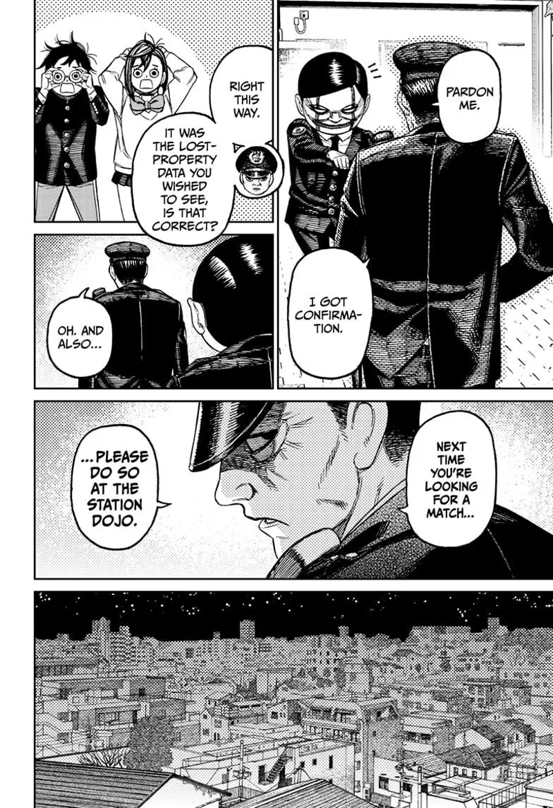 The cop calms down after confirming Mr. Tanaka's (Rokuro's) visit. He invites Rokuro inside his station.