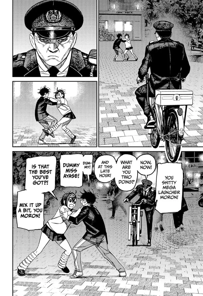 The police looked serious and stopped his bike. He sees Momo and Okarun fighting.