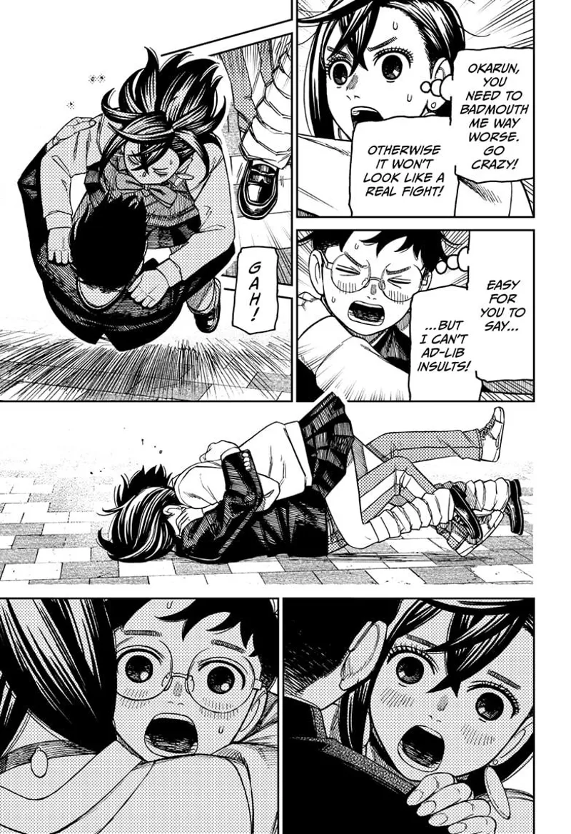 Momo tells Okarun to badmouth her seriously. She pushes Okarun, and they fall to the ground.