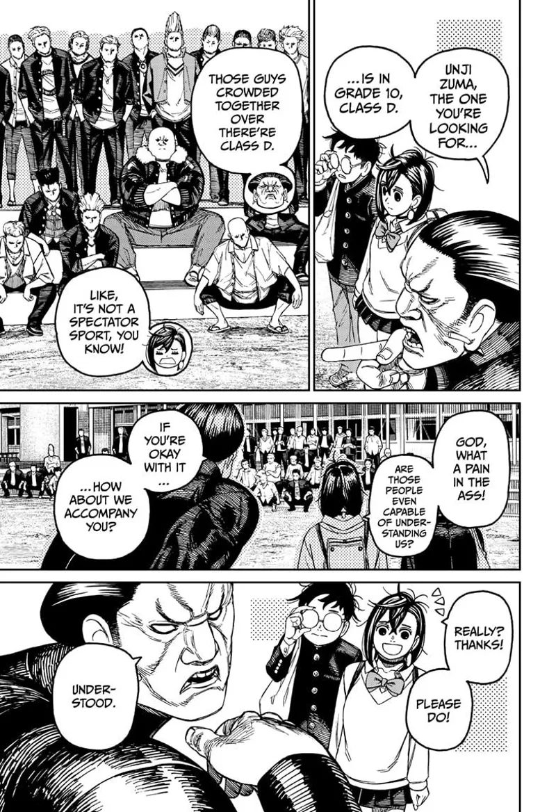 The huge guy points out to the gang ahead of them. Momo and Okarun are grateful that he will escort them.