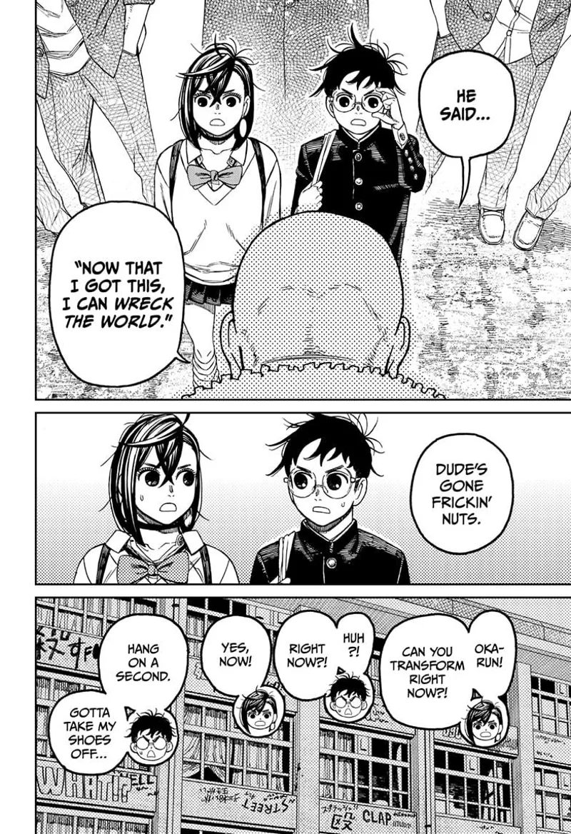 Momo and Okarun are shocked at what the bald guy said. She tells Okarun to transform.