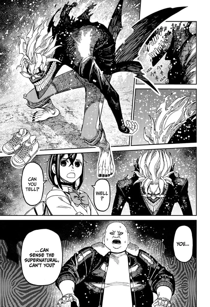 Okarun transforms into cursed form. The bald guy is shocked after sensing the supernatural.