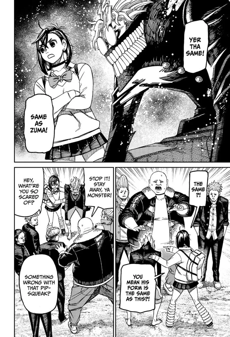 The bald guy freaks out after seeing Okarun transformed. His colleagues think he's crazy.