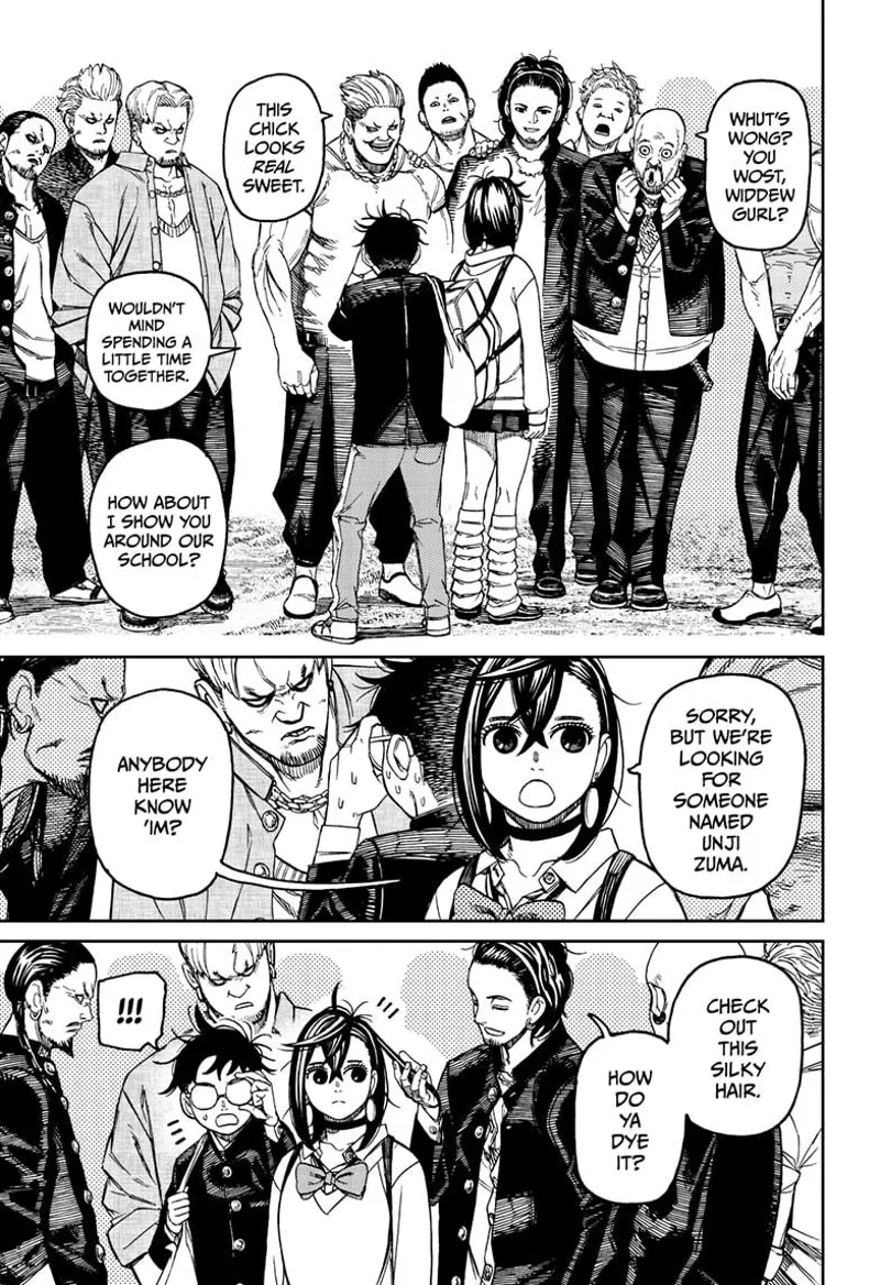 A group of thugs surrounds Momo and Okarun. Momo asks them about Unji Zuma, and one of them touches her hair.