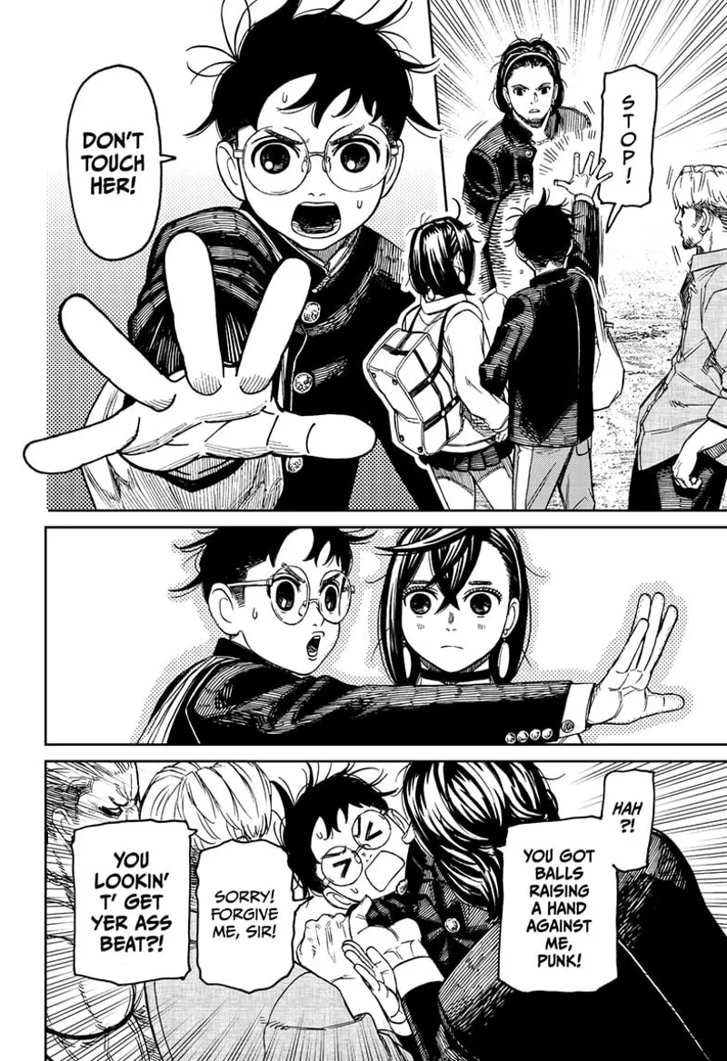 Okarun pushes the thug as he tries to protect Momo. The two thugs overpower him.