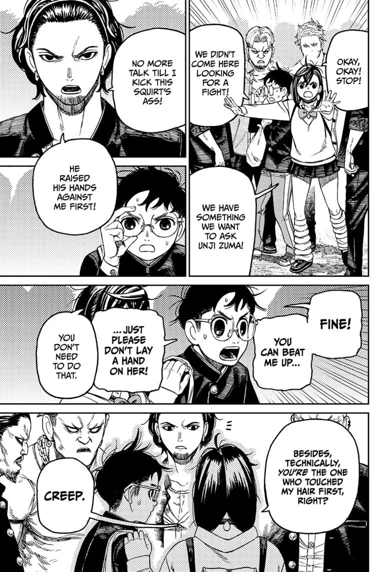 Momo tries to calm everyone down. One of the thugs wants to beat Okarun, so Momo calls the other guy a creep.