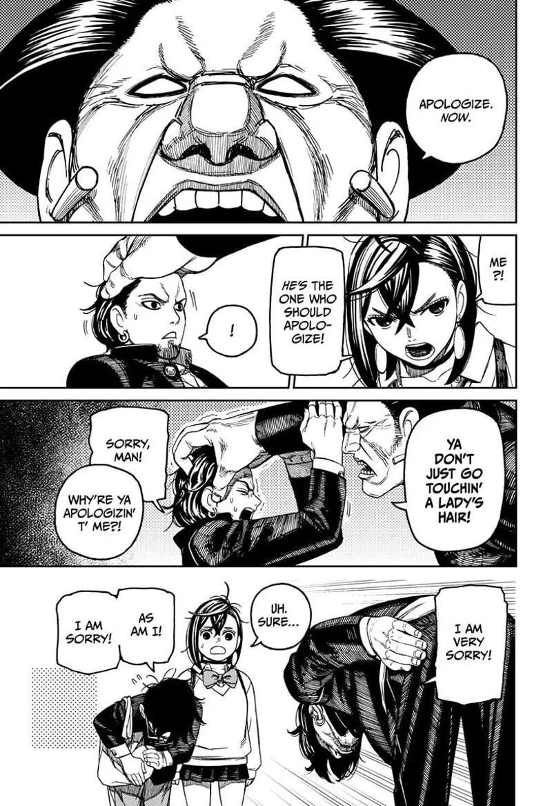 The huge guy grabs the thug's head and tells him to apologize. The huge man bows to Momo and Okarun, and Okarun bows back.