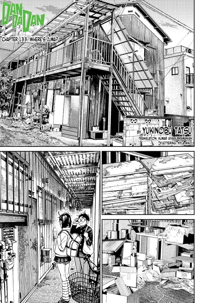 Momo and Okarun knock into an old, wooden, dilapidated house.