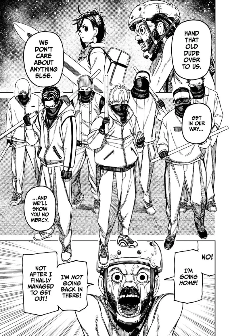 The thugs, while holding a stick, want the old man in underwear. The old man cries as he doesn't want to go with them.