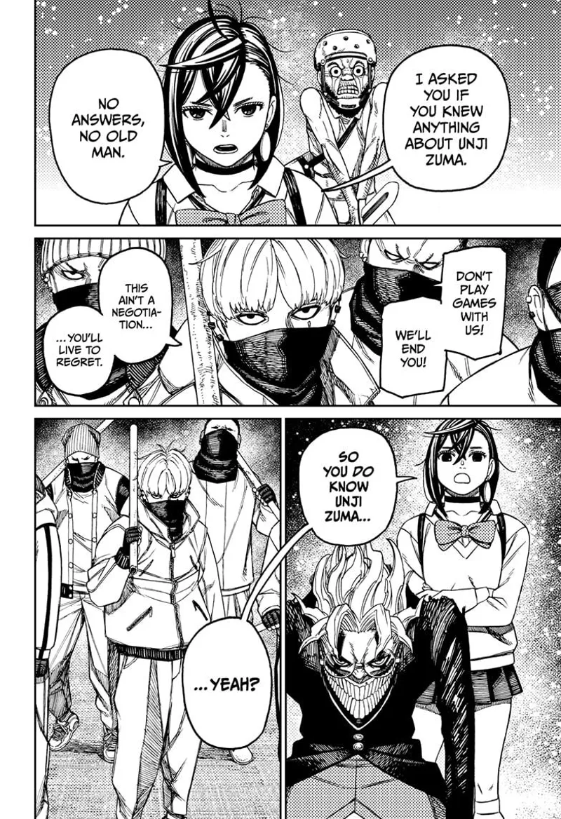 Momo protects the old man. The thugs are adamant about their demands. Cursed Okarun stands facing them.