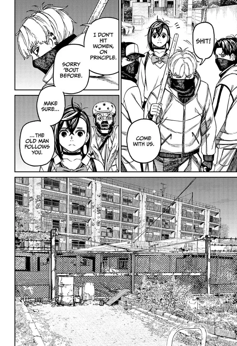 The thug leader tells Momo, Okarun, and the old man to come with them to a building.