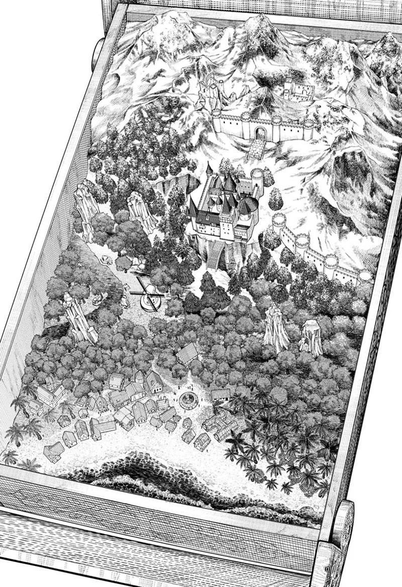 A miniature castle with forest, walls, mountain ranges, and houses in a diorama.