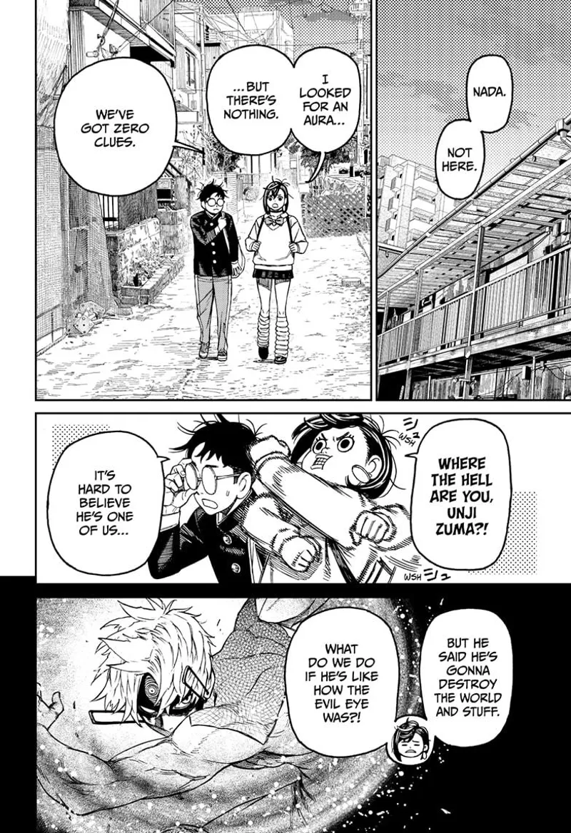 Momo and Okarun walk around looking for Unji Zuma. Momo is worried that Unji Zuma might be like Evil Eye.