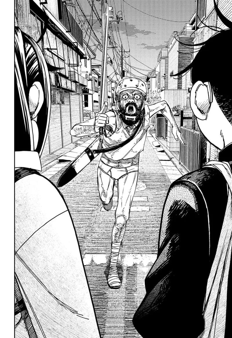 An old man holding a sword, wearing a helmet, a t-shirt, and underwear, ran towards them.