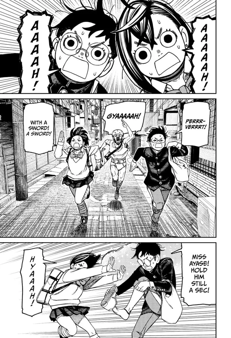 Momo and Okarun run as the man chases them.