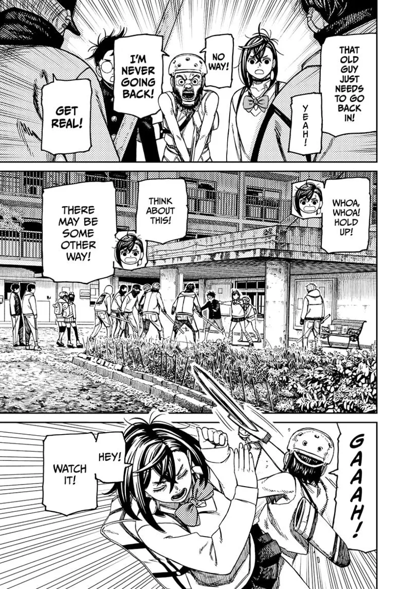 The thugs start attacking the old man. The old man waves his sword and pushes Momo.