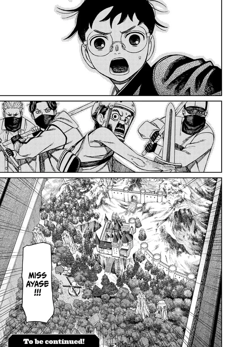 Okarun, the old man, and the thugs are shocked upon seeing Momo disappear and enter the diorama.