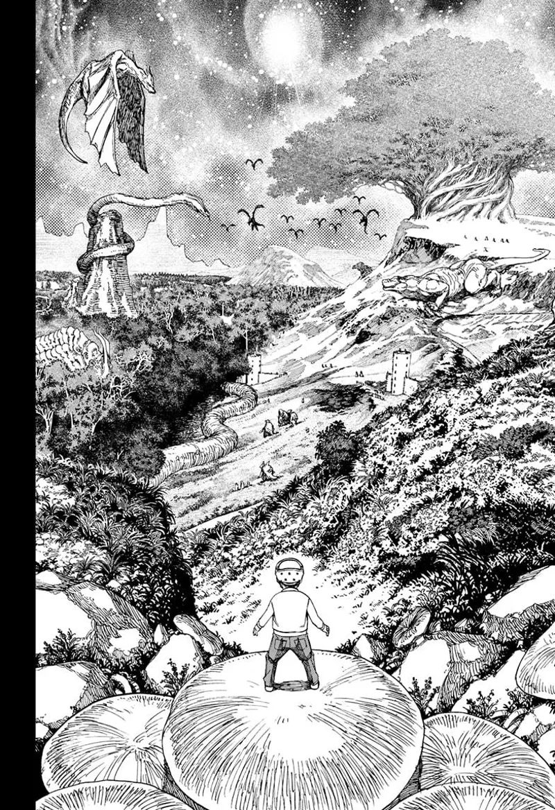 Suddenly, the kid stands on a giant mushroom. He sees huge trees, dragons, and other monsters.