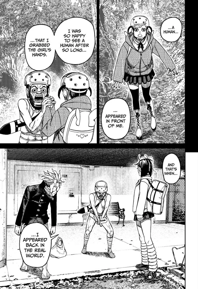 The man recalls meeting a human. He touches the girl's hand and returns to the real world.