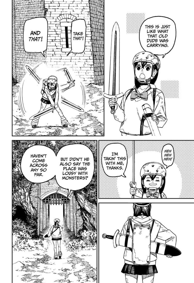 Momo picks up a sword similar to what the old guy was carrying. She brandishes the sword and goes inside the castle gate.