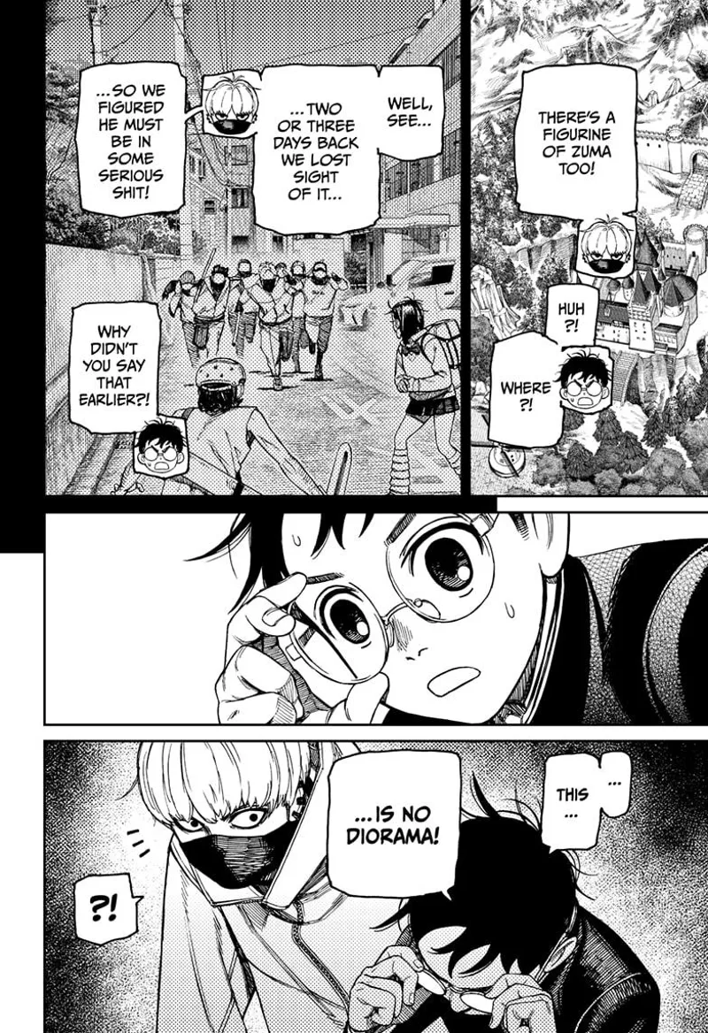 The thug leader also sees Zuma's figurine. Okarun remembers something and realizes it's not a diorama.