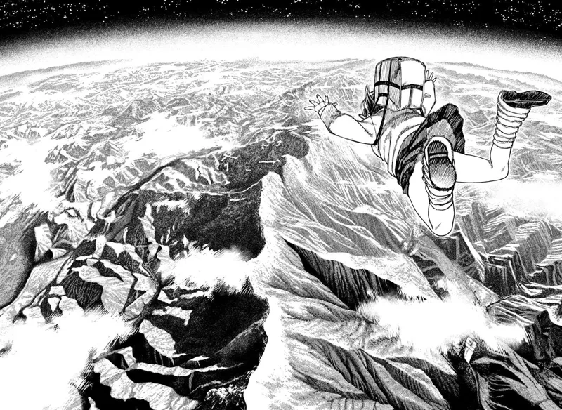 Momo falls from the sky and sees mountain ranges and clouds below her.