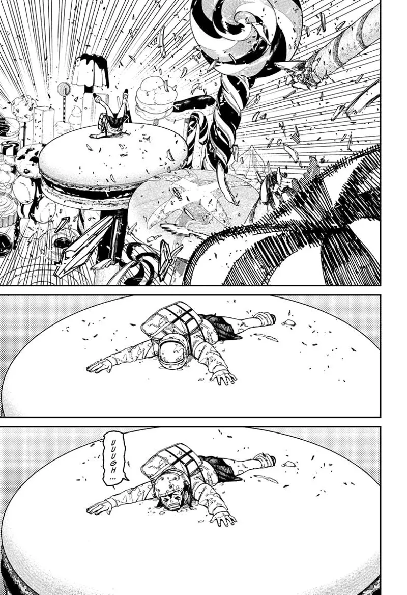 Momo crashes through the various desserts and lands on a biscuit.