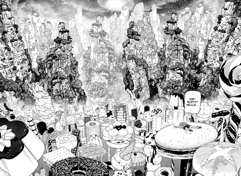 Momo is lying face down as she asks for help. She is surrounded by sweets while further ahead are mountains.