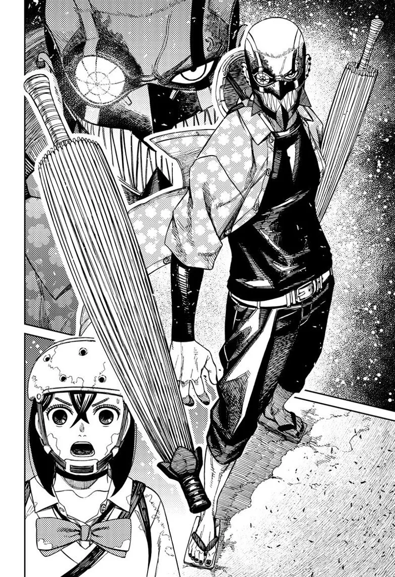 The guy's face is similar to a cursed Okarun- having sharp teeth and weird eyes.