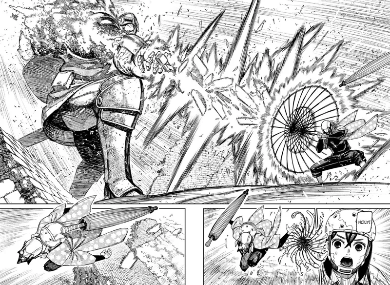 The guy's umbrella opens, and the giant's sword, arm, and shoulders break. Momo is surprised. The guy jumps.