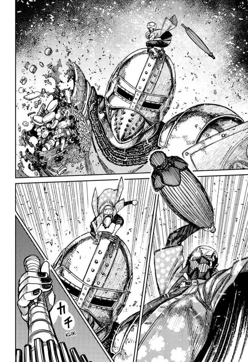 The guy jumps at the giant's head and stabs his umbrella into its skull.