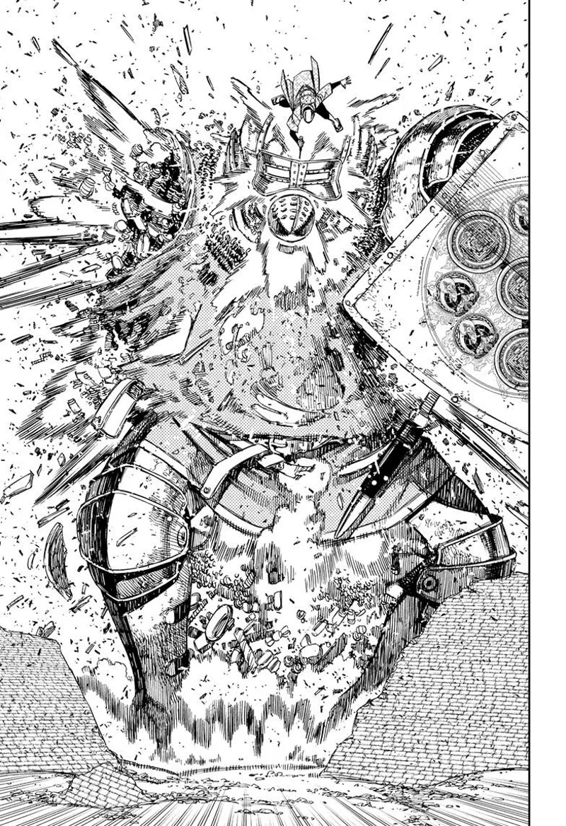 The giant's body breaks and crumbles.