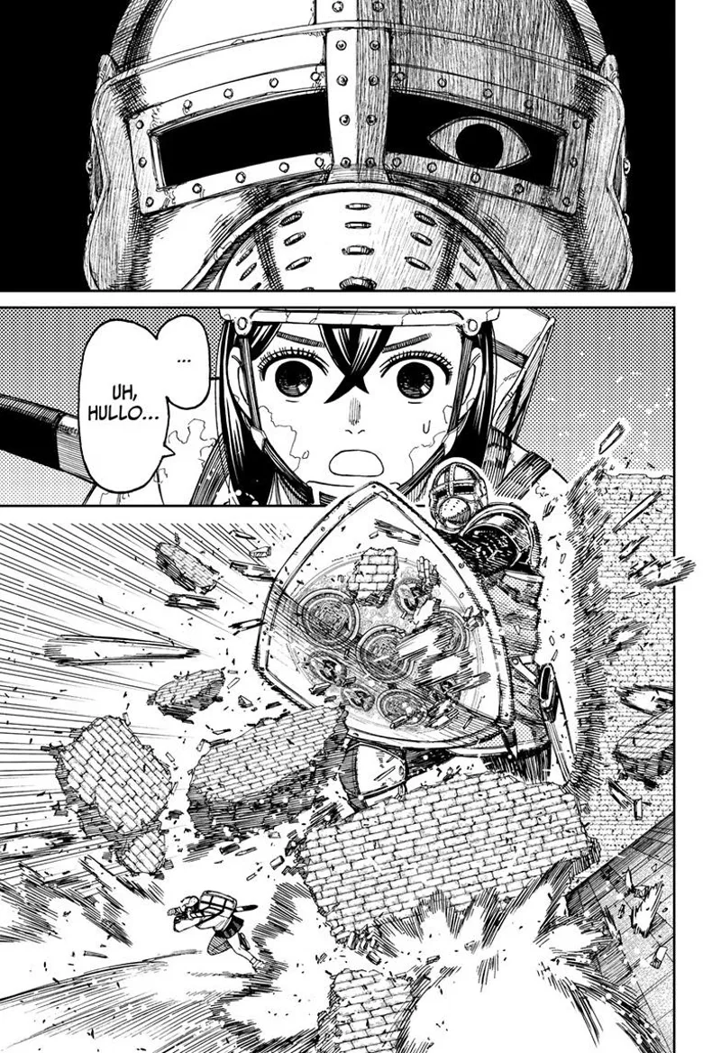 The giant looks at Momo and destroys the wall. Momo runs.