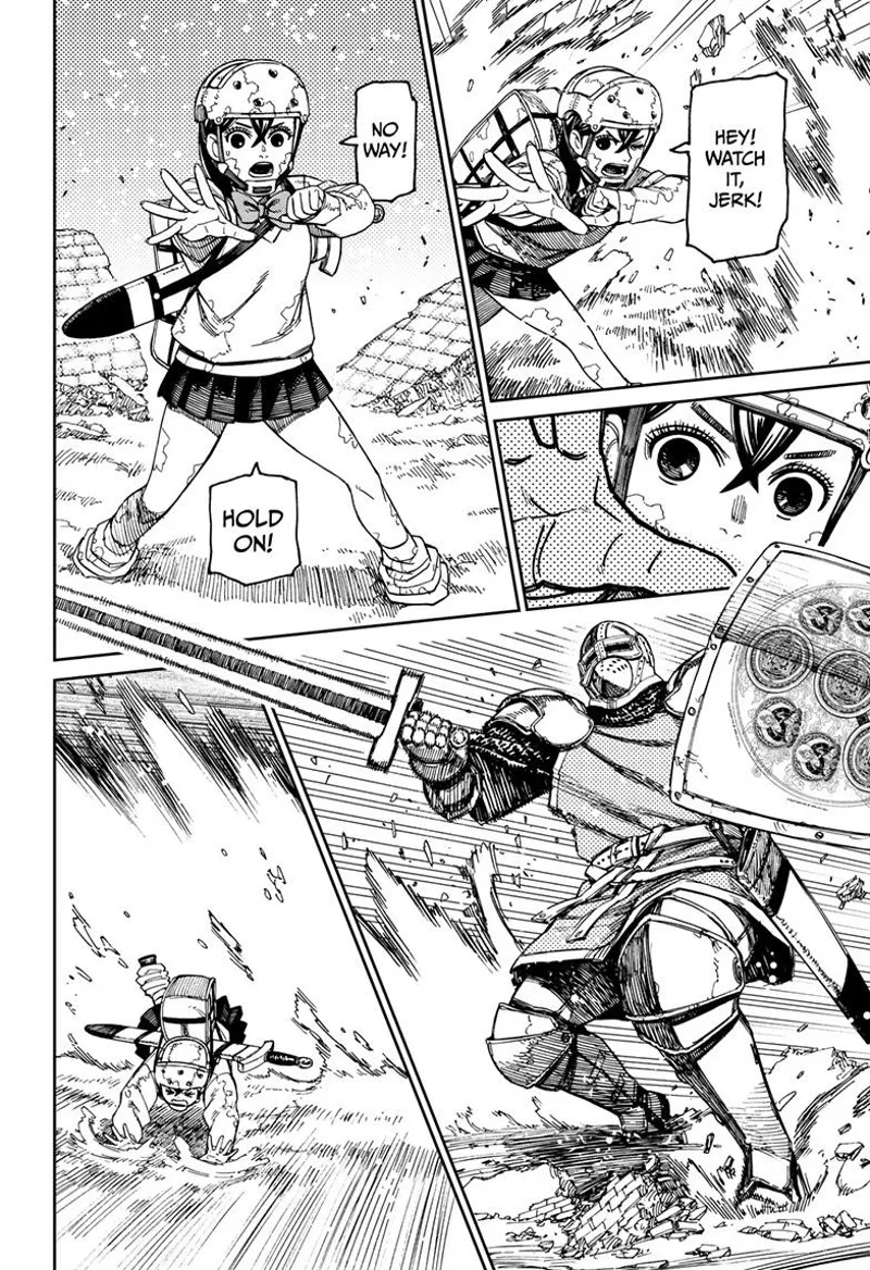 Momo tries to use her powers. The giant swings his sword. Momo dodges.