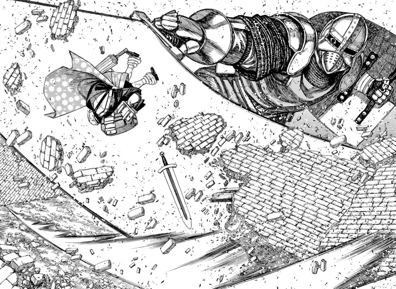 Someone rescues Momo, and she dodges the giant's swing.