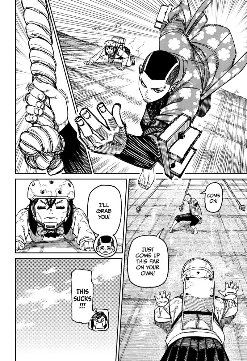 Zuma runs at the slope and grabs the rope. He reaches out for Momo's hand.