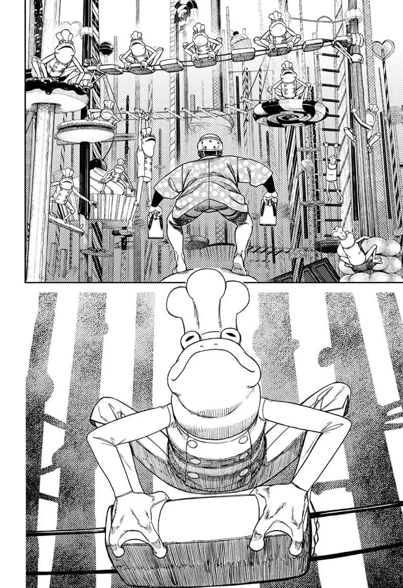 Frogs with chef hats suddenly appear, standing and climbing on the obstacle course.