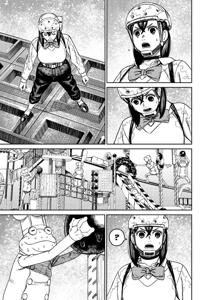 Momo looks around and sees the frog chefs performing some work.