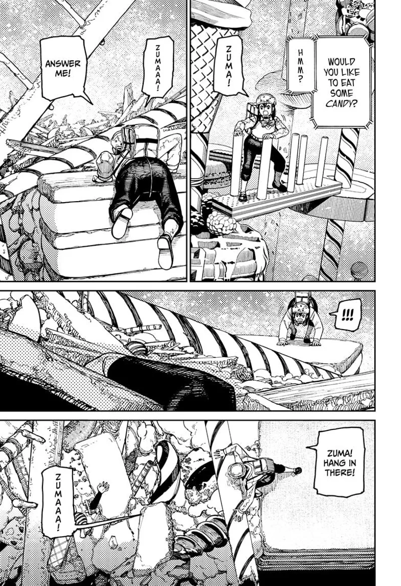 Momo climbs a ledge and calls Zuma, who is covered in piles of candies.