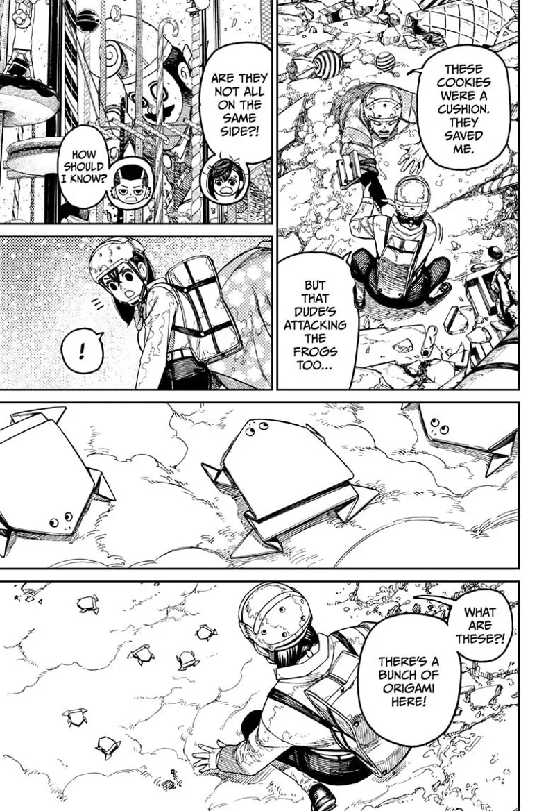 Momo helps Zuma get up from the cream. She sees miniature origami on the floor.