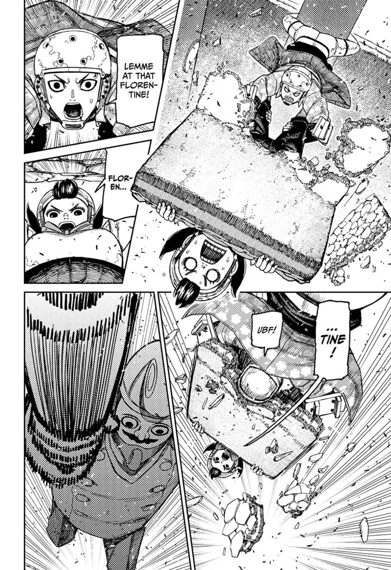 Zuma grabs Momo who is also grabbing the florentine in the verge of falling. The giant chef strikes his kitchen roller.