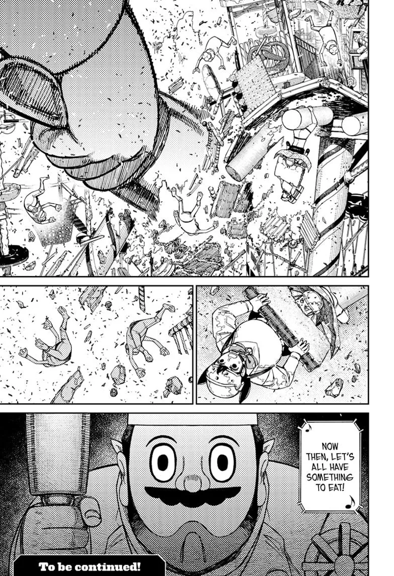 Zuma and Momo see the giant kitchen roller smash beside them and into the frog. The giant prepares his game again.